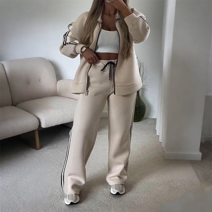 Women's Casual Two-Piece Tracksuit Zip Jacket & Striped Pants