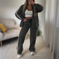 Women's Casual Two-Piece Tracksuit Zip Jacket & Striped Pants