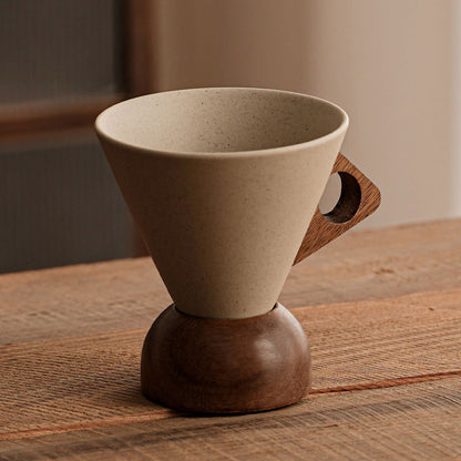 Vintage Coffee Mug with Wooden Handle & Saucer