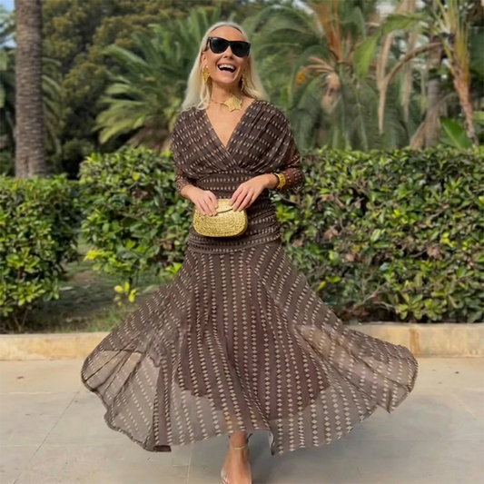 Bohemian V-Neck Ruched Mesh Maxi Dress