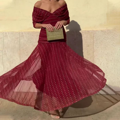 Bohemian V-Neck Ruched Mesh Maxi Dress