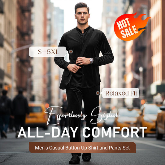 Men's Casual Button-Up Shirt and Pants Set