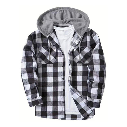 Men’s Hooded Plaid Button-Down Jacket