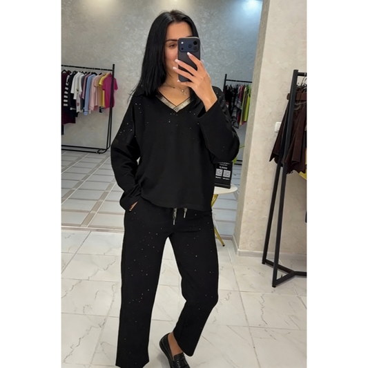 Women's Sparkle V-Neck Top and Drawstring Pants Set