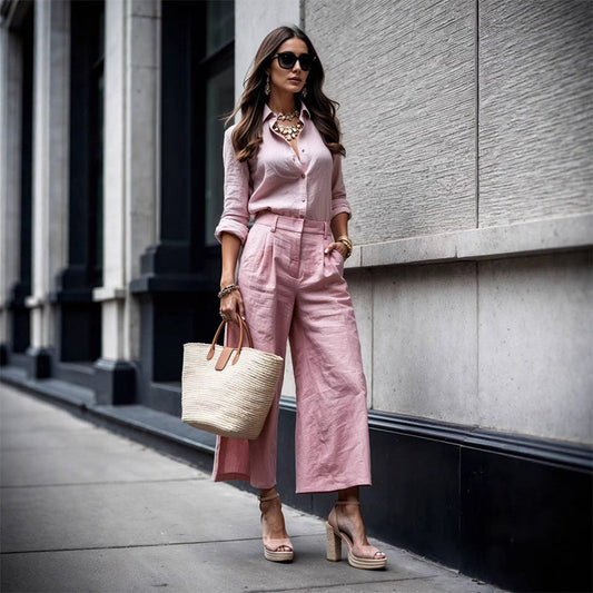 Women's 2-Piece Button-Down Shirt & Wide-Leg Pants Set