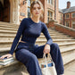 Women's Two-Piece Ruched Top and Wide-Leg Pants Set