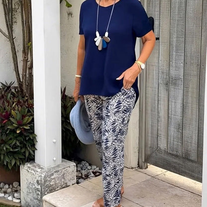 Solid Color Top + Tie-Dye Pants Set