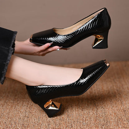 👠 Women's Snakeskin Block Heel Pumps – Square Toe, Metal Accent & All-Day Comfort ✨