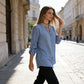 Women's V-Neck Striped Button-Down Shirt