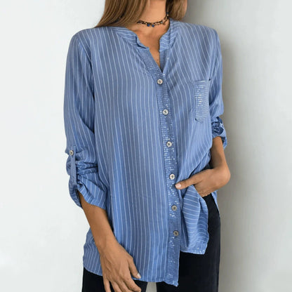 Women's V-Neck Striped Button-Down Shirt