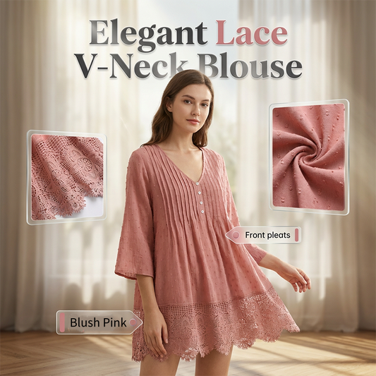 Women's V-Neck Pintuck Blouse with Lace Hem