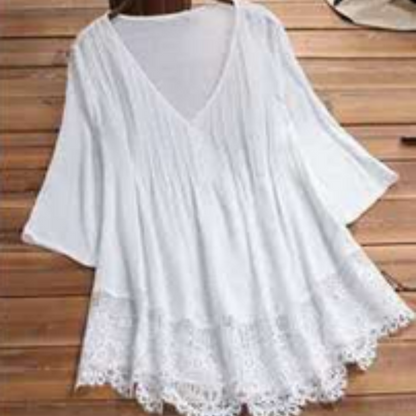 Women's V-Neck Pintuck Blouse with Lace Hem