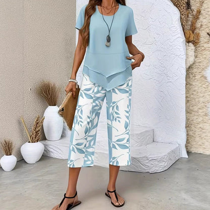💥Last Day Special Price:£ 15.99👗Women's 2-Piece Set – Layered Asymmetrical Tunic Top & Printed Wide Leg Pants, Breathable Polyester✨