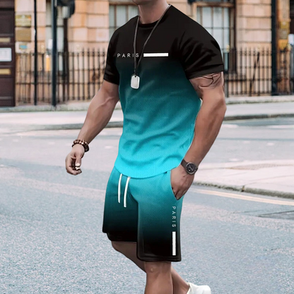 🏖️Summer Special Style !!😎Men's Gradient Color T-Shirt & Shorts Set