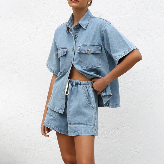 ✨ Denim Shirt & Shorts Set - Casual Comfort! ✨