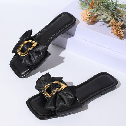 Bow & Chain Decor Flat Slide Sandals