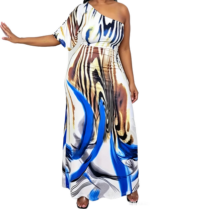 Women's One-Shoulder Abstract Print Maxi Dress