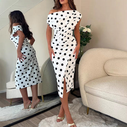 White & Black Polka Dot Asymmetrical Dress