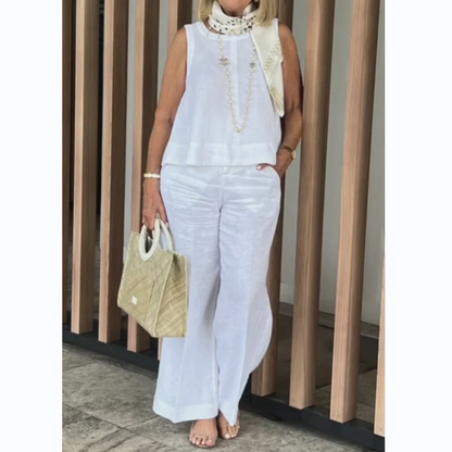 Women's Simple Breathable Suit - Round-Neck Sleeveless Top & Wide-Leg Pants