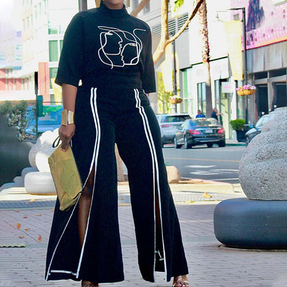 Women's Graphic Top & Striped Slit Pants Set