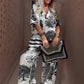 Women's Casual Printed V-Neck Top and Long Pants Set