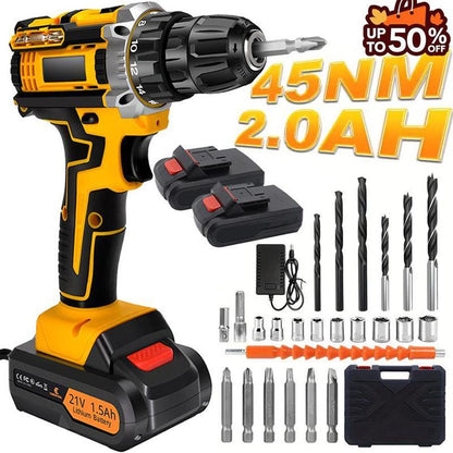 Cacciavite a batteria 21V, set di trapani a batteria, trapano a batteria con coppia 45Nm, trapano a batteria, 25 + 3 livelli di coppia, 2 velocità, 2 batterie, luce LED, mandrino da trapano da 10 mm, trapano a batteria fai da te per la casa