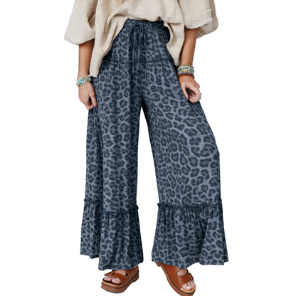 Women's Leopard Print Ruffle Hem Wide-Leg Pants