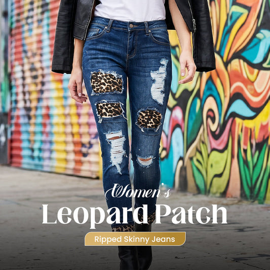 Women's Leopard Patch Ripped Skinny Jeans