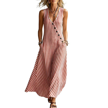 Women's Casual V-Neck Striped Sleeveless Maxi Dress