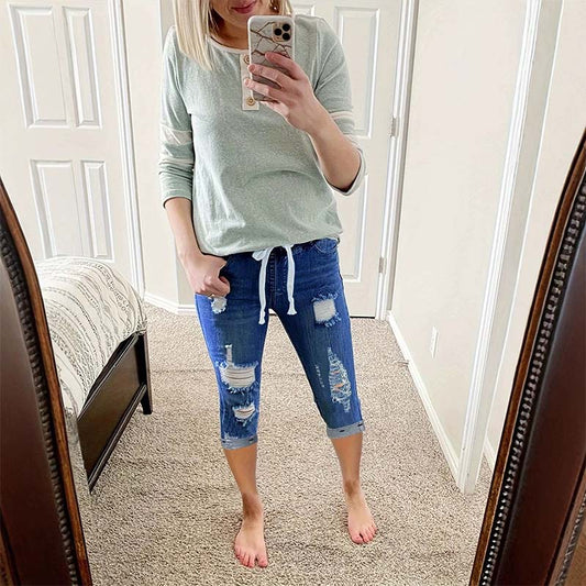Women's Distressed Drawstring Denim Capri Pants
