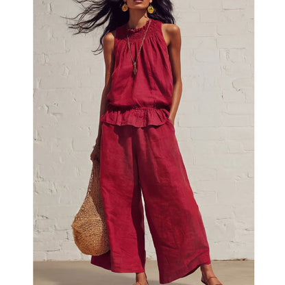 Women's Sleeveless Smocked Neck Top & Pants Set