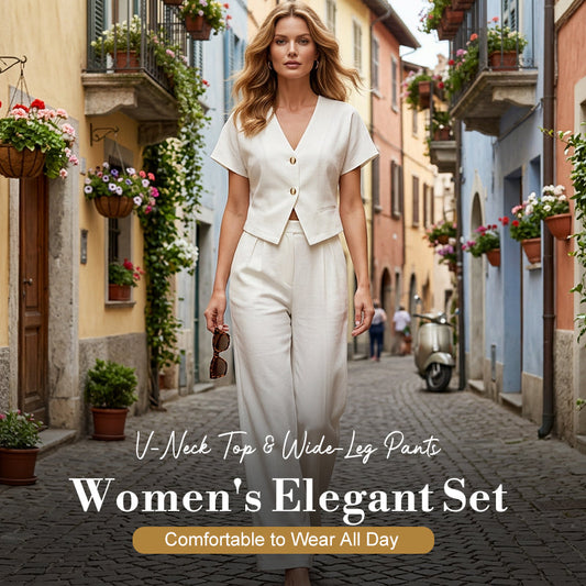 Women's Elegant V-Neck Top & Wide-Leg Pants Set