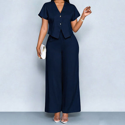 Women's Elegant V-Neck Top & Wide-Leg Pants Set