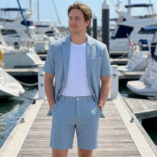 Men's Textured Short-Sleeve Blazer & Shorts Set