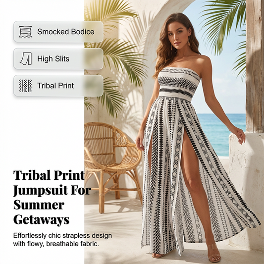 Bohemian Strapless High Split Wide Leg Vacation Jumpsuits