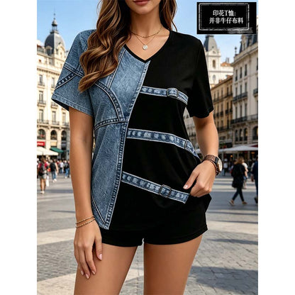 Women‘s Chic Denim Print V-Neck Tee