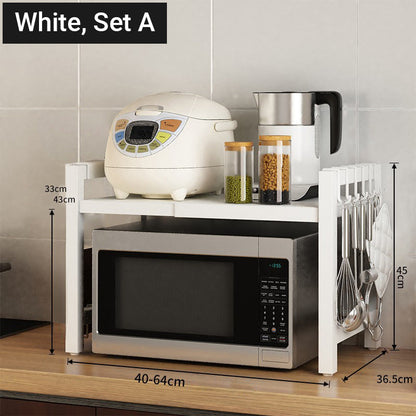 🍳✨Expandable Microwave Countertop Rack with Adjustable Shelf & Hooks🧰