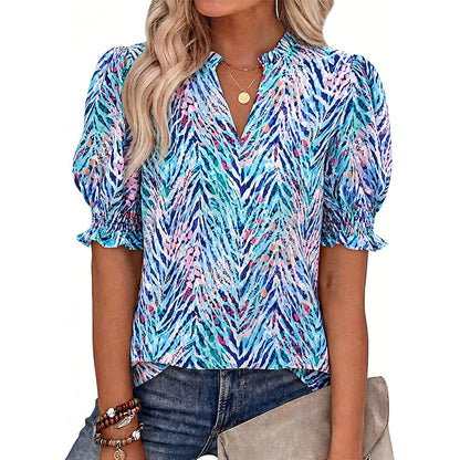 Women's Summer Floral Top with Puff Sleeves