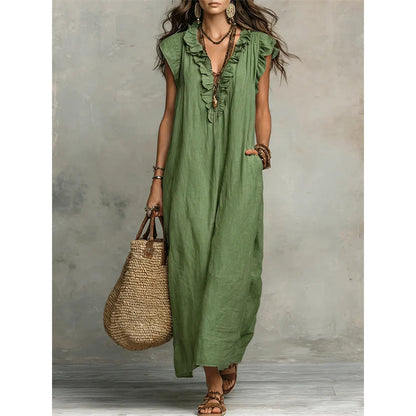 👗✨ Women's Casual Sleeveless V-Neck Ruffle Dress – Flowy Summer Maxi Dress with Pockets