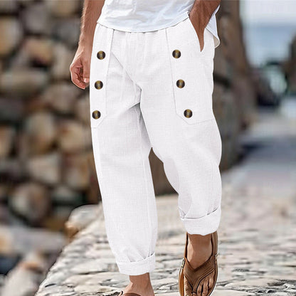 Men's Casual Cotton Linen Trousers with Button Detail