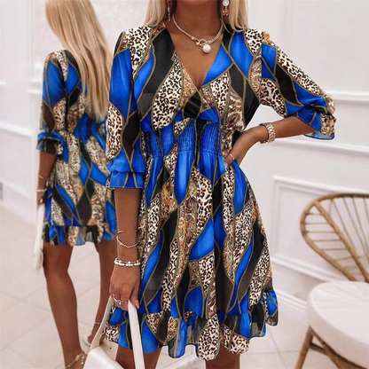 Women's Floral V-Neck Ruffle Hem A-Line Dress