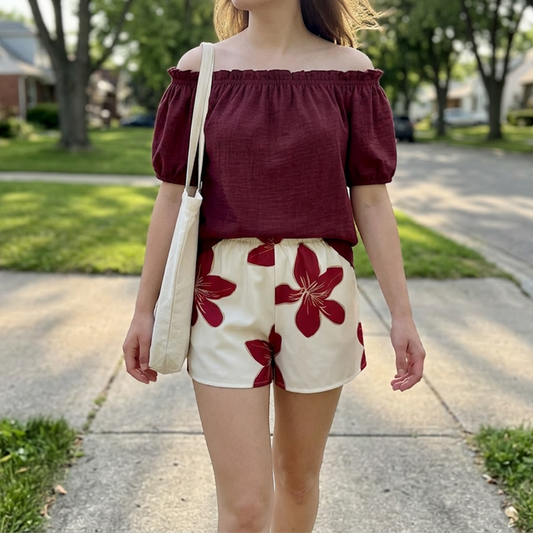 Women's Off Shoulder Top and Floral Shorts Set