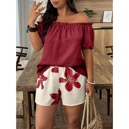 Women's Off Shoulder Top and Floral Shorts Set