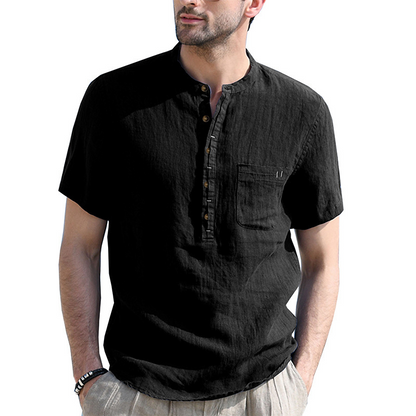 Men’s Summer Henley Shirt Short Sleeve Casual Cotton Linen Tee