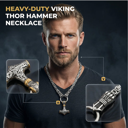 🎉 2026 Sale — Over 51,000 Sold! ⚡ Viking Thor Hammer Pendant Necklace – Stainless Steel Byzantine Chain 🛡️