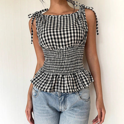 Gingham Smocked Peplum Top with Tie Shoulders