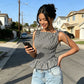 Gingham Smocked Peplum Top with Tie Shoulders