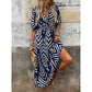 Chevron Print V-Neck Puff Sleeve Midi Dress