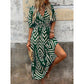 Chevron Print V-Neck Puff Sleeve Midi Dress