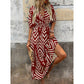 Chevron Print V-Neck Puff Sleeve Midi Dress